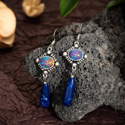 Hot Artistic Retro Geometric Lapis Lazor Ear Drop Bohemian Natural Stone Antique Women\'s Earrings