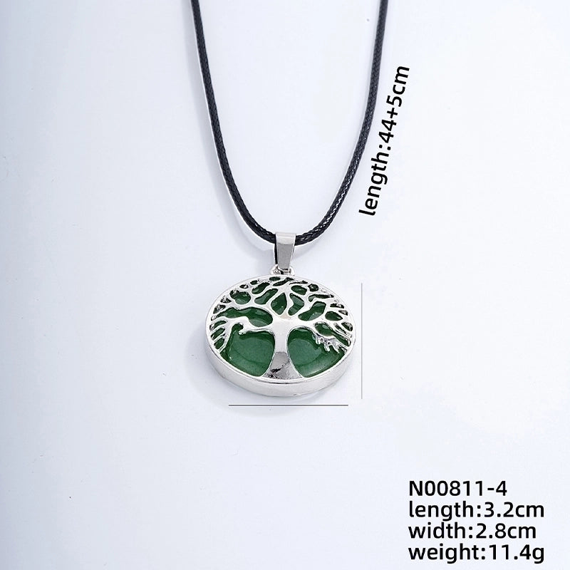 Ig Style Minimalist Round Tree Stainless Steel Natural Stone Leather Rope Inlay Natural Stone Pendant Necklace