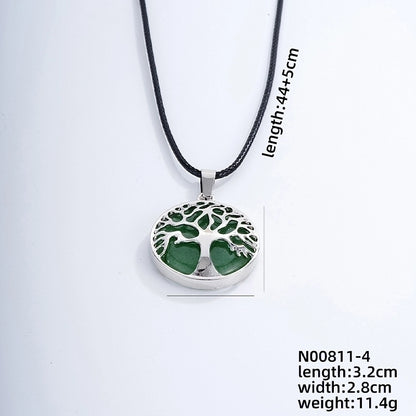 Ig Style Minimalist Round Tree Stainless Steel Natural Stone Leather Rope Inlay Natural Stone Pendant Necklace