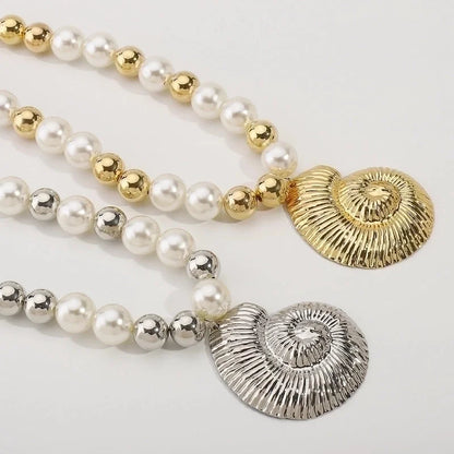 Exaggerated Beach Conch Heart Shape CCB Imitation Pearl Alloy Pendant Necklace