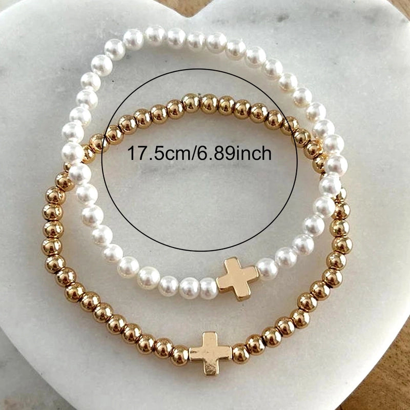 Minimalist Classic Style Cross Round Imitation Pearl Bracelets