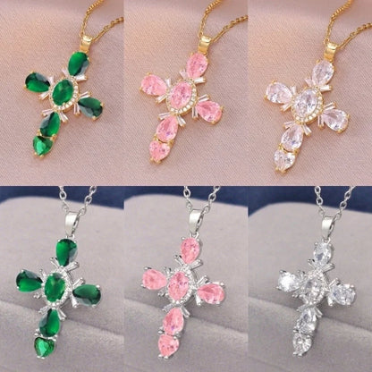 201 Stainless Steel Copper White Gold Plated Gold Plated Minimalist Classic Style Plating Inlay Cross Glass Zircon Pendant Necklace