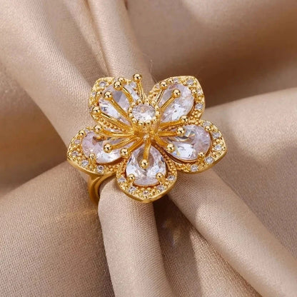 Copper 18K Gold Plated Flower Zirconia Open Rings Rings