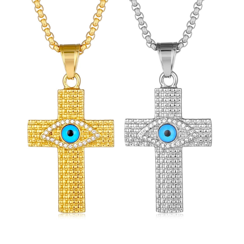European And American Cross-Border Popular Hip Hop Hiphop Jewelry Titanium Steel Gold-Plated Diamond-Embedded Evil Eye Cross Pendant Necklace