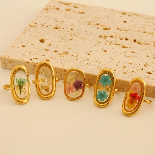 Retro Flower 316L Stainless Steel Resin Inlay Open Rings