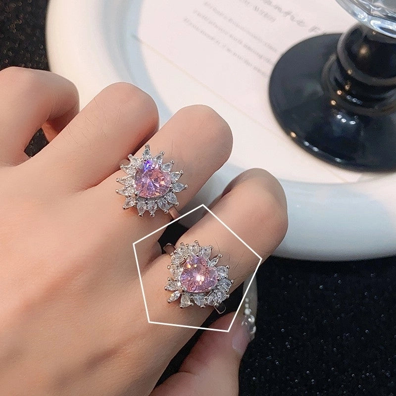Sweet Geometric Heart Shape Bow Knot Copper Plating Inlay Zircon Open Rings