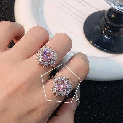 Sweet Geometric Heart Shape Bow Knot Copper Plating Inlay Zircon Open Rings