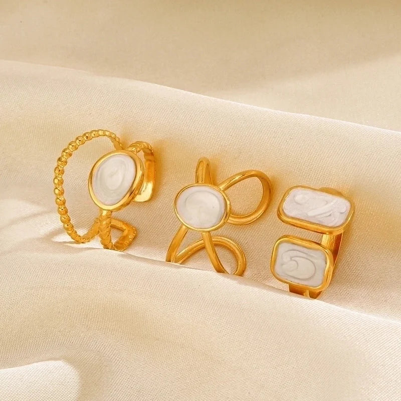 304 Stainless Steel 18K Gold Plated Minimalist Enamel Round Square Open Rings