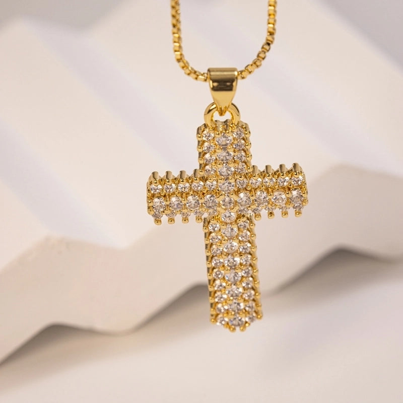 Copper 18K Gold Plated Inlaid Zircon Cross Zircon Pendant Necklace