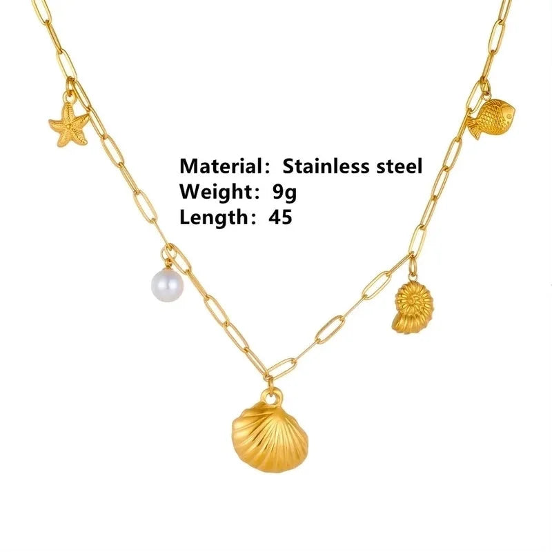 Cute Sweet Star Bow Knot Shell Titanium Steel Pearl 18K Gold Plated Hollow Out Inlay Pendant Necklace