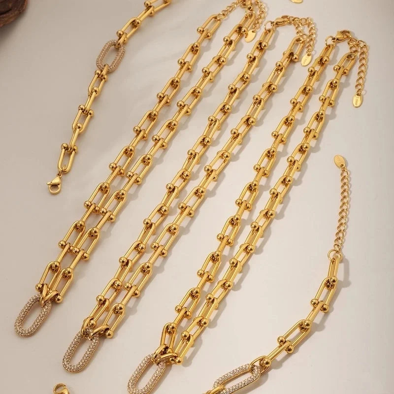 Hip-Hop Streetwear Shiny Geometric 304 Stainless Steel Zircon 18K Gold Plated Inlay Bracelets Necklace