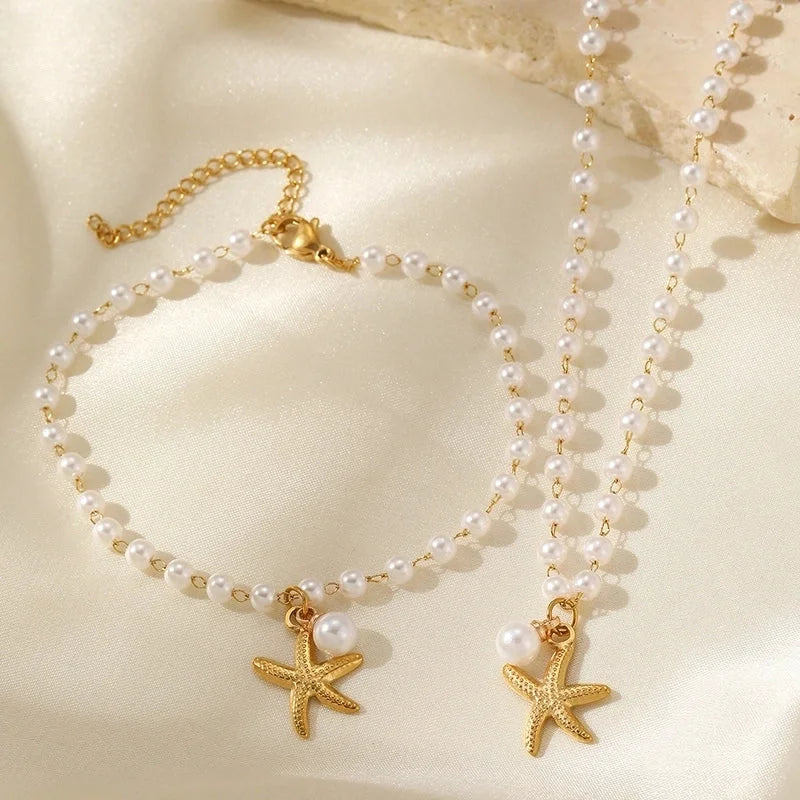 Sweet Starfish 304 Stainless Steel Imitation Pearl Plating Stainless Steel Jewelry Sets