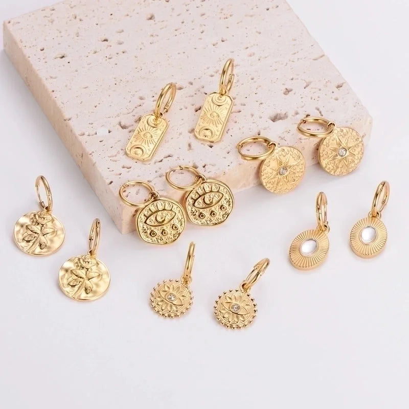3 Pieces Glam French Style Round Leaves Irregular Inlay 304 Stainless Steel Resin Rhinestones 18K Gold Plated Drop Earrings