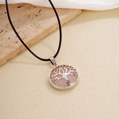 Ig Style Minimalist Round Tree Stainless Steel Natural Stone Leather Rope Inlay Natural Stone Pendant Necklace