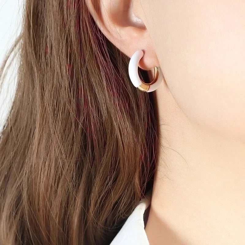 1 Pair Minimalist Round Enamel Plating 304 Stainless Steel 18K Gold Plated Hoop Earrings