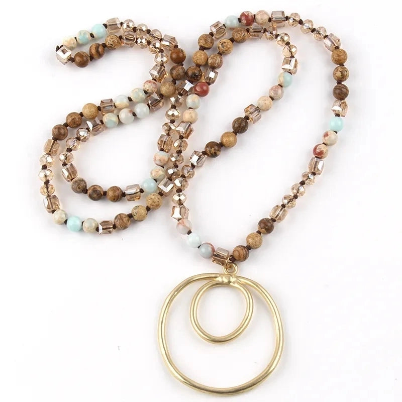 4 Pieces Retro Geometric Semi-precious Stone Alloy Glass Beaded Chain Pendant Necklace In Bulk Natural Stone Necklace