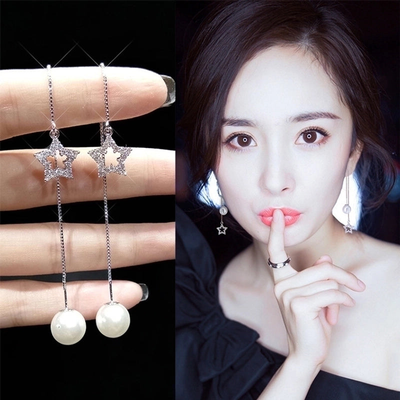 2 Pieces Elegant Star Tassel Heart Shape Inlay Alloy Artificial Pearls Rhinestones Glass Earrings