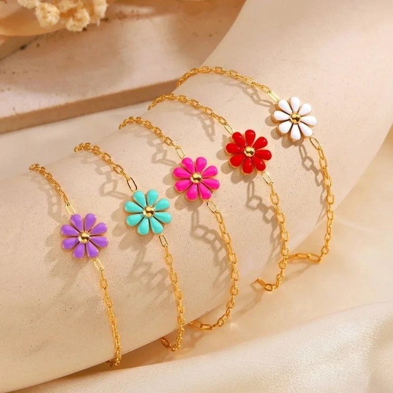 2 Pieces Minimalist Classic Style Flower 304 Stainless Steel 18K Gold Plated Resin Bracelets In Bulk