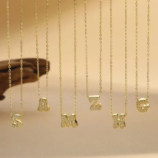 Copper 14K Gold Plated Vintage Style Minimalist Commute Inlay Letter Zircon Pendant Necklace