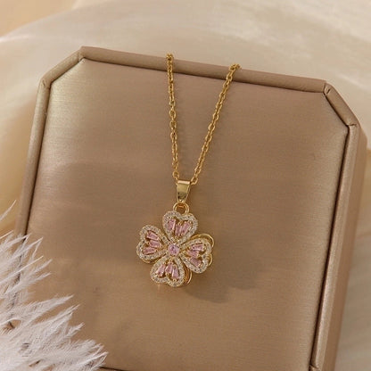 2 Pieces Vintage Style Heart Shape Flower Bow Knot Titanium Steel Copper Tassel Plating Inlay Zircon Pendant Necklace