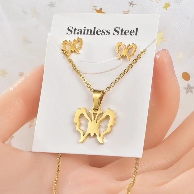 Fashion Heart Shape Butterfly Bird Titanium Steel Plating Women's Earrings Necklace