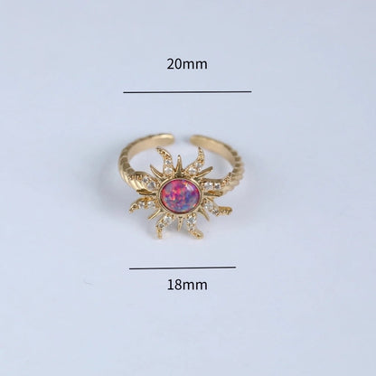 Copper Gold Plated Casual Minimalist Inlay Sun Artificial Opal Zircon Rings Earrings Necklace
