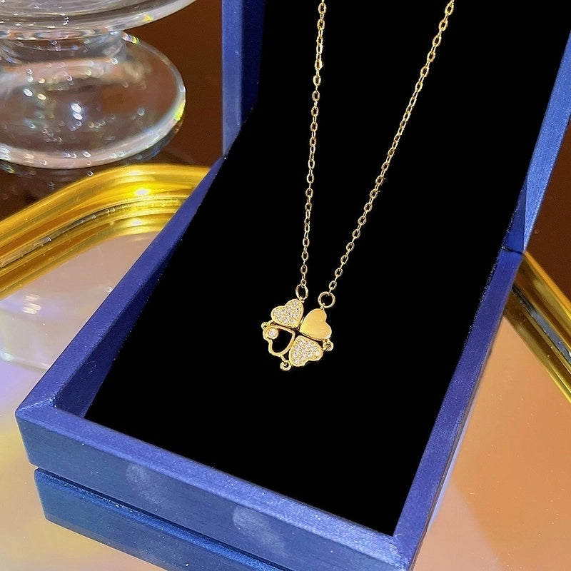 Elegant Classic Style Geometric Moon Bow Knot Titanium Steel Zircon Pendant Necklace