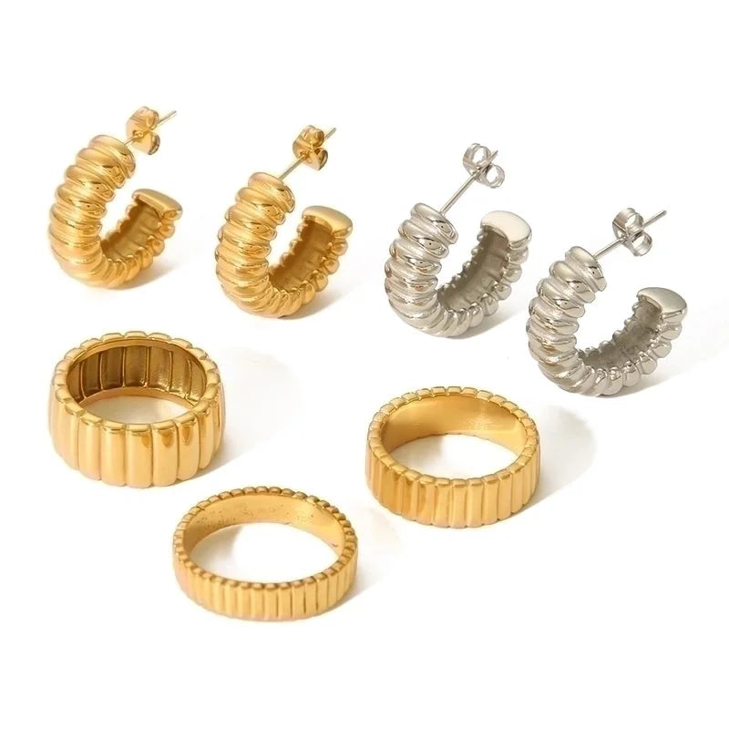 304 Stainless Steel 18K Gold Plated Retro Roman Style Plating Circle Gear Rings Earrings