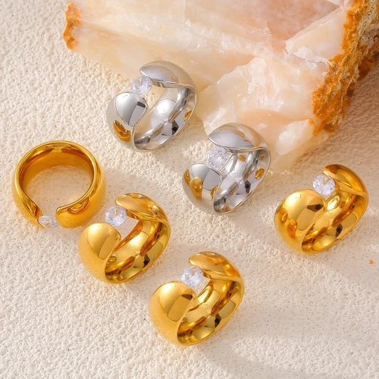 Elegant Luxurious Minimalist Solid Color Titanium Steel Zircon 18K Gold Plated Plating Inlay Rings