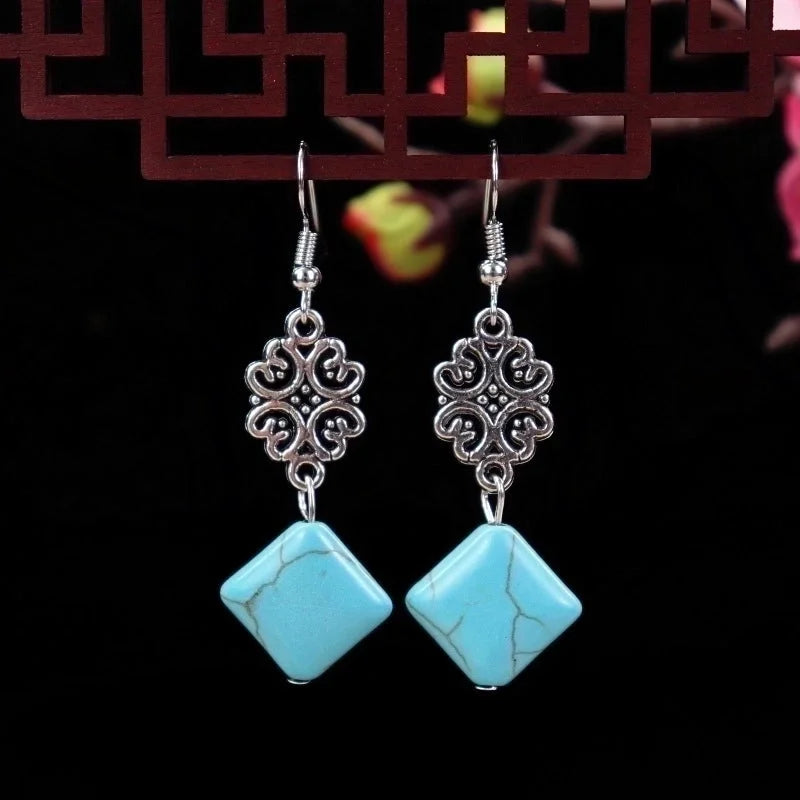 1 Pair Elegant Lady Ethnic Style Owl Flower Butterfly Turquoise Drop Earrings