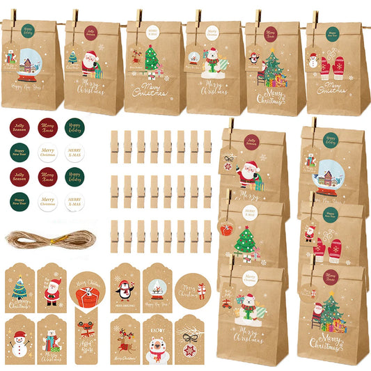 Christmas Gift Bag Christmas Advent Calendar Kraft Paper Gift Bag Christmas Packaging Bag 24 Sets