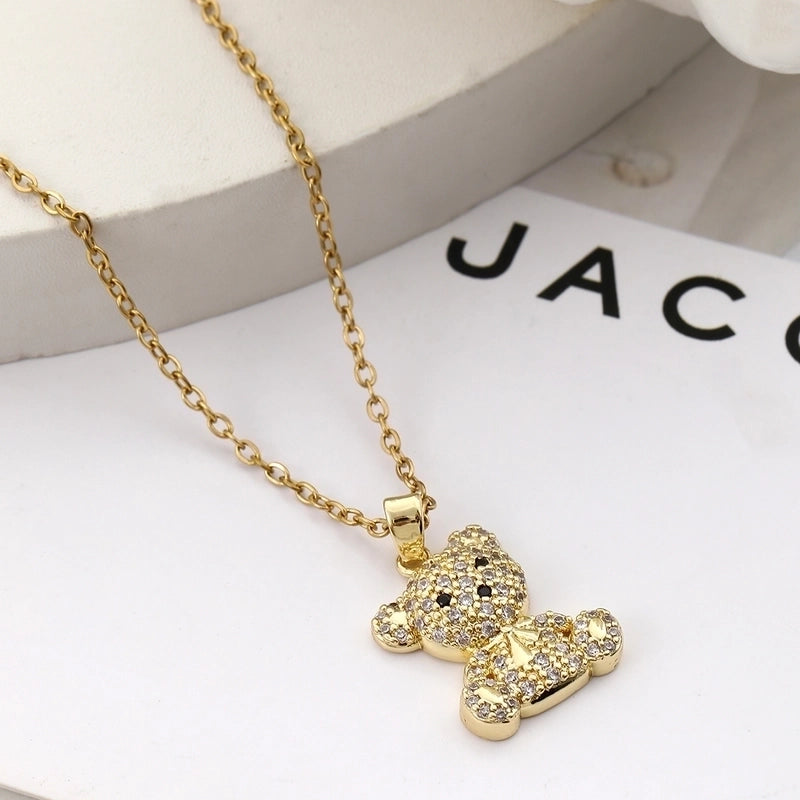 304 Stainless Steel Copper Inlay Little Bear Bear Zircon Pendant Necklace