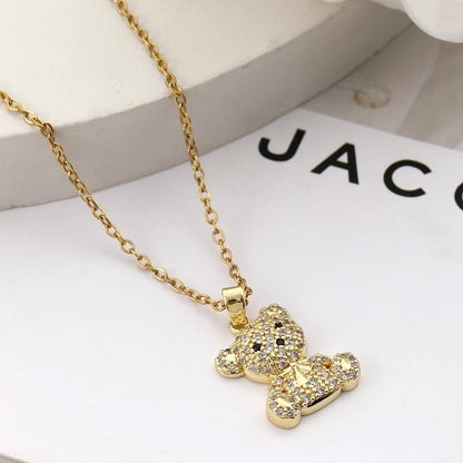 304 Stainless Steel Copper Inlay Little Bear Bear Zircon Pendant Necklace