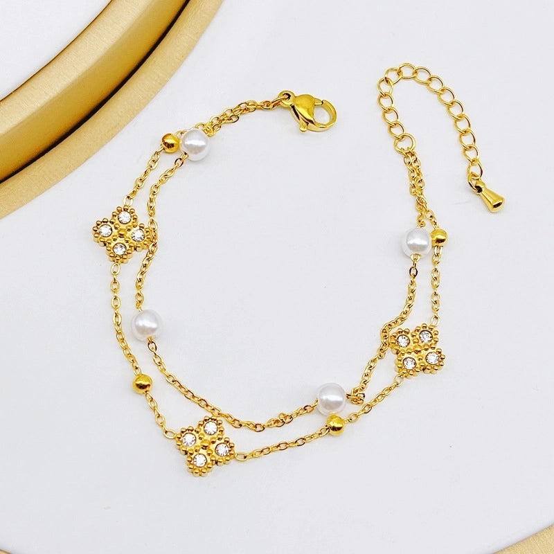 Elegant Four Leaf Clover 304 Stainless Steel Rhinestones Gold Plated Pearl Plating Inlay Bracelets Necklace Jewelry Set