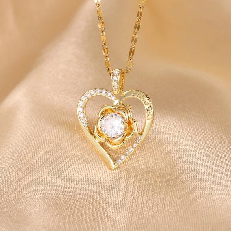 Hip-Hop Minimalist Shiny Heart Shape 304 Stainless Steel Copper Zircon 18K Gold Plated Inlay Pendant Necklace