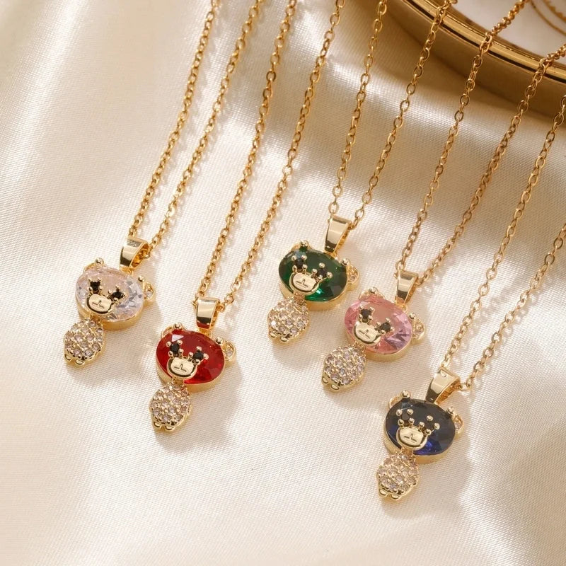 304 Stainless Steel Copper Rhodium Plated Inlay Bear Heart Shape Glass Zircon Pendant Necklace