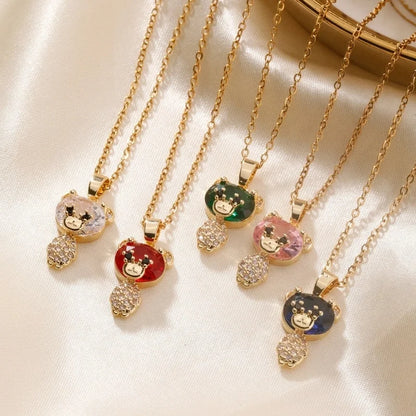 304 Stainless Steel Copper Rhodium Plated Inlay Bear Heart Shape Glass Zircon Pendant Necklace