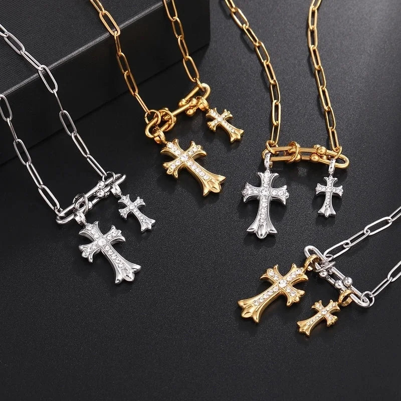 Classic Style Cross 304 Stainless Steel Rhinestones 18K Gold Plated Chain Pendant Necklace