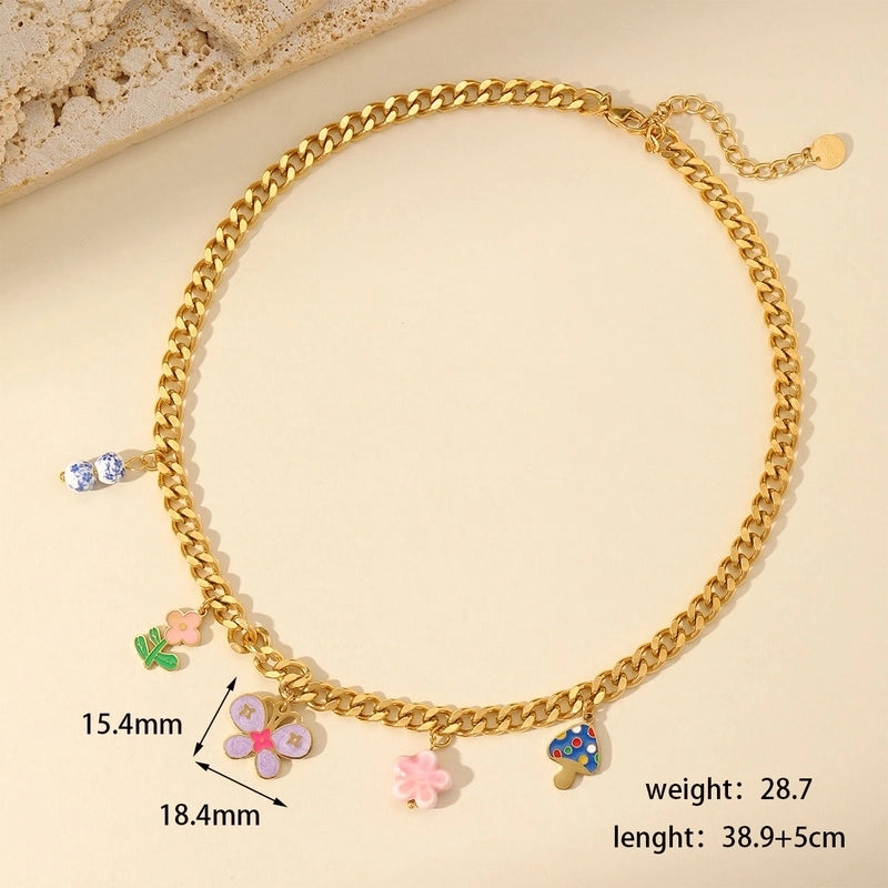 Cute Sweet Flower Mushroom Butterfly 304 Stainless Steel 18K Gold Plated Enamel Plating Multi Charms Necklace Bracelets Earrings