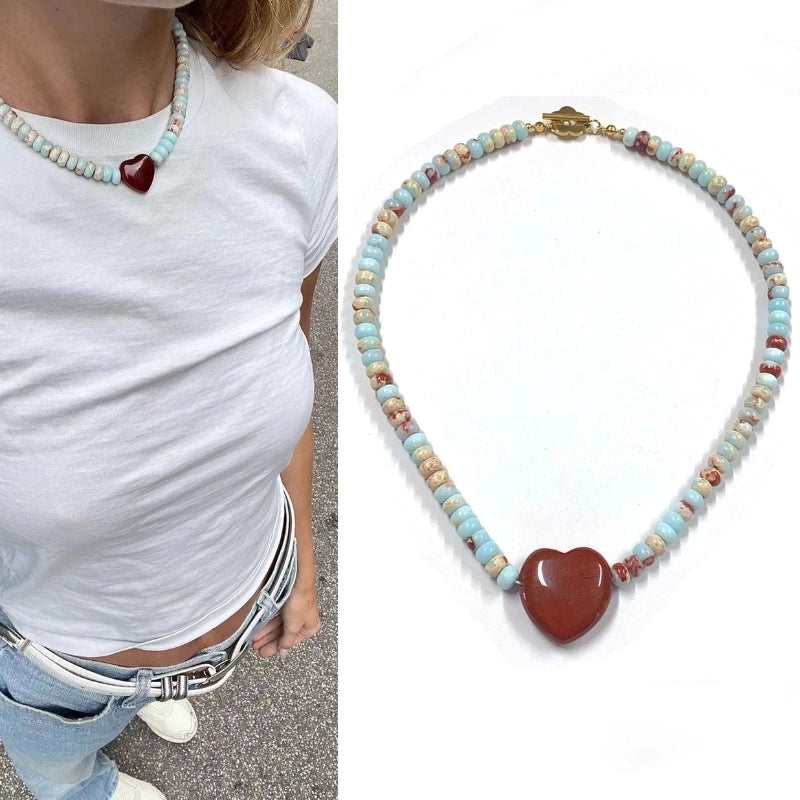 2 Pieces Minimalist Heart Shape Natural Stone Titanium Steel Pendant Necklace In Bulk