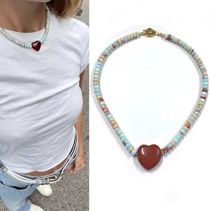 2 Pieces Minimalist Heart Shape Natural Stone Titanium Steel Pendant Necklace In Bulk