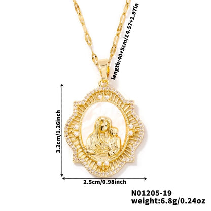 Vintage Style Religion Artistic Round Virgin Mary 304 Stainless Steel Copper Zircon K Gold Plated Inlay Pendant Necklace