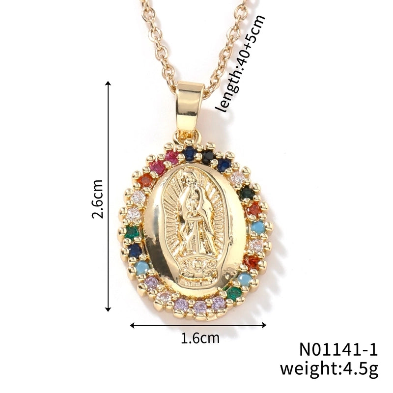 Vintage Style Classic Style Geometric Round Virgin Mary 304 Stainless Steel Copper Zircon K Gold Plated Inlay Pendant Necklace