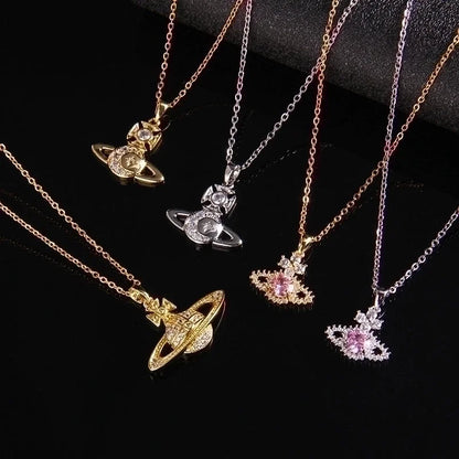 Sweet Planet Flower Bow Knot Copper Zircon Pendant Necklace In Bulk
