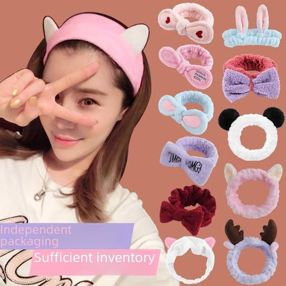 Cat Ears Hair Band Hair Band Korean Plush Internet Celebrity Rabbit Ear Hair Accessories Bow Face Wash Hair Band