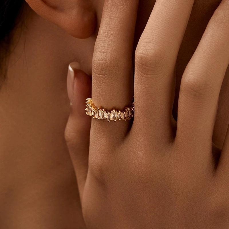 Copper 18K Gold Plated Inlay Semicircle Round Petal Zircon Open Rings