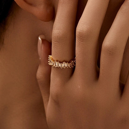 Copper 18K Gold Plated Inlay Semicircle Round Petal Zircon Open Rings