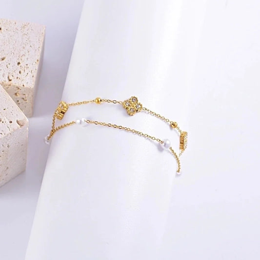 Elegant Four Leaf Clover 304 Stainless Steel Rhinestones Gold Plated Pearl Plating Inlay Bracelets Necklace Jewelry Set