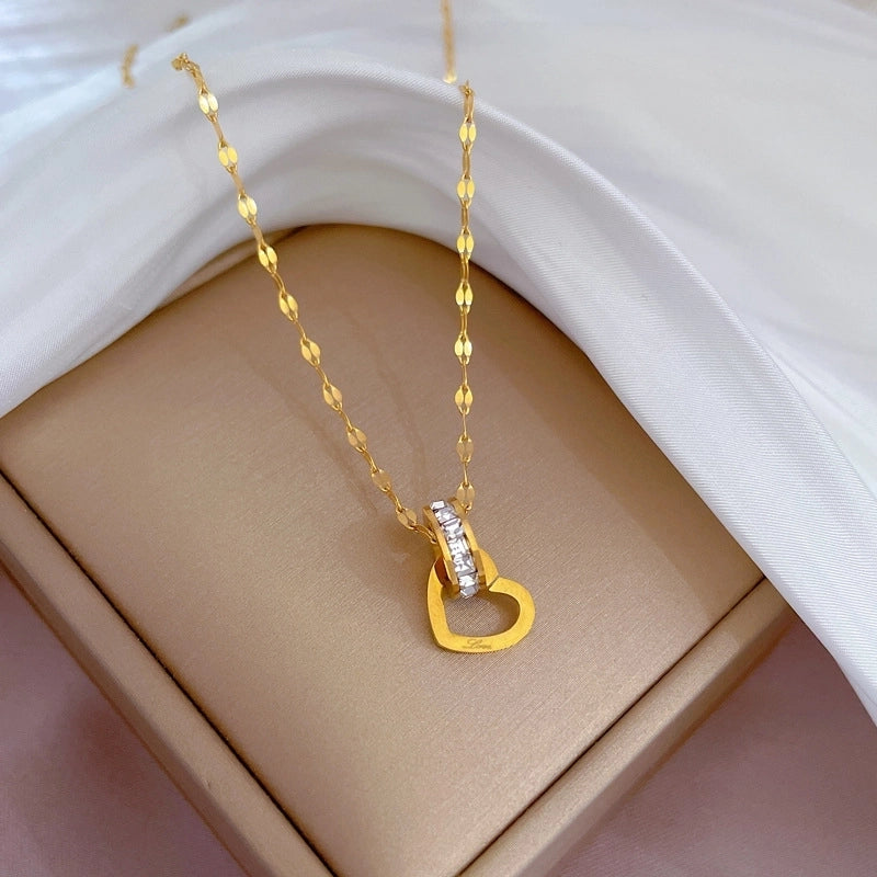 Minimalist Heart Shape Titanium Steel Copper Inlay Zircon Pendant Necklace