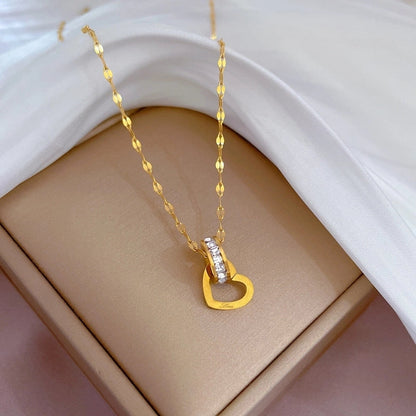 Minimalist Heart Shape Titanium Steel Copper Inlay Zircon Pendant Necklace